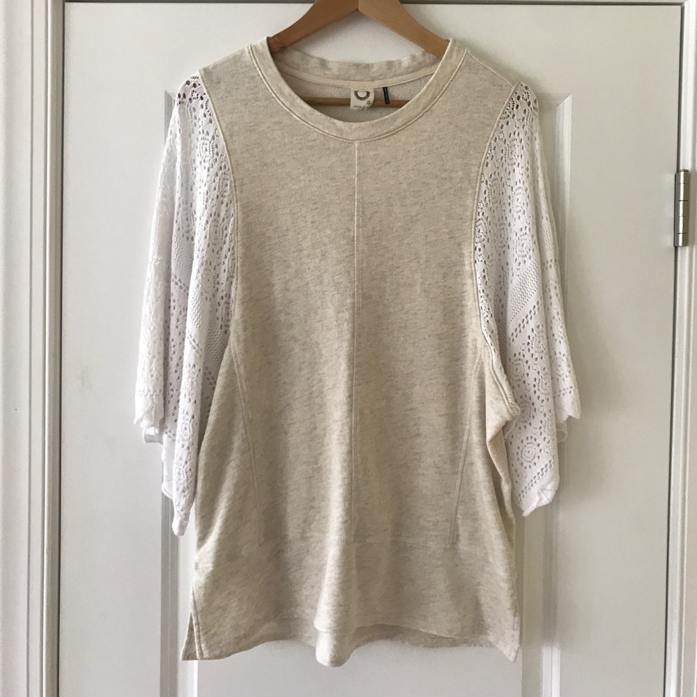 Anthropologie Cream Knit Top with White Eyelet Sleeves